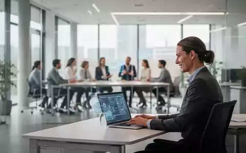 Ein Mitarbeiter in einem modernen Büro arbeitet an einem Laptop, während im Hintergrund Kollegen in einem hellen Bürogebäude zusammenarbeiten. - Foto: über boerse-global.de