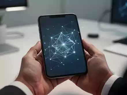 Eine Person hält ein Smartphone in der Hand, auf dessen Display abstrakte digitale Netzwerkgrafiken und Finanzdaten zu sehen sind. - Foto: über boerse-global.de