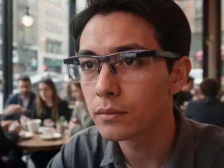 Eine Person trägt eine moderne Smart-Brille in einem belebten Café, während sie im Hintergrund unscharf zu sehen ist. - Foto: über boerse-global.de
