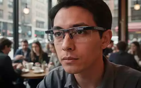 Eine Person trägt eine moderne Smart-Brille in einem belebten Café, während sie im Hintergrund unscharf zu sehen ist. - Foto: über boerse-global.de