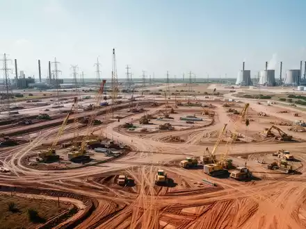 Weite Baustelle einer riesigen Industrieanlage in Texas mit Kränen und Erdbewegungsmaschinen bei hellem Tageslicht. - Foto: über boerse-global.de