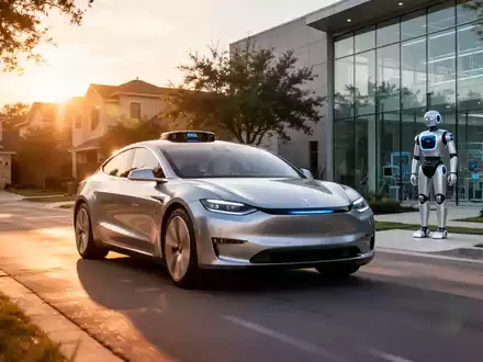 Ein autonomes Tesla-Fahrzeug und ein humanoider Roboter vor einem modernen Forschungszentrum bei Sonnenuntergang. - Foto: über boerse-global.de