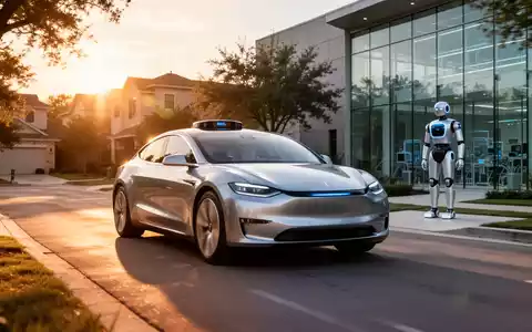 Ein autonomes Tesla-Fahrzeug und ein humanoider Roboter vor einem modernen Forschungszentrum bei Sonnenuntergang. - Foto: über boerse-global.de