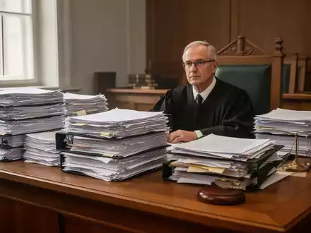 Ein überfüllter Schreibtisch in einem deutschen Gerichtssaal, auf dem sich zahlreiche hohe Stapel von Papierdokumenten türmen. - Foto: über boerse-global.de