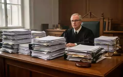 Ein überfüllter Schreibtisch in einem deutschen Gerichtssaal, auf dem sich zahlreiche hohe Stapel von Papierdokumenten türmen. - Foto: über boerse-global.de