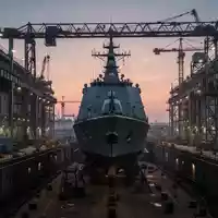 Ein Marineschiff in einem modernen Werftbecken bei Dämmerung, das die industrielle Atmosphäre einer Schiffbauanlage zeigt. - Foto: über boerse-global.de