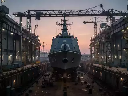 Ein Marineschiff in einem modernen Werftbecken bei Dämmerung, das die industrielle Atmosphäre einer Schiffbauanlage zeigt. - Foto: über boerse-global.de