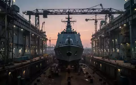 Ein Marineschiff in einem modernen Werftbecken bei Dämmerung, das die industrielle Atmosphäre einer Schiffbauanlage zeigt. - Foto: über boerse-global.de