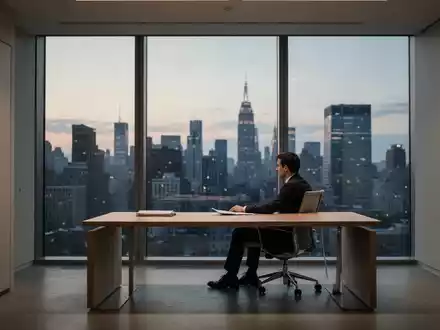 Eine Person sitzt allein an einem modernen Schreibtisch in einem leeren Büro und blickt bei Dämmerung aus dem Fenster. - Foto: über boerse-global.de