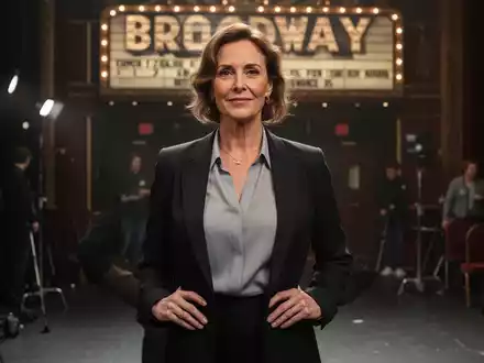 Eine Frau in ihren Vierzigern steht selbstbewusst in einem Theater-Backstage-Bereich und strahlt ProfessionalitĂ€t aus. - Foto: ĂŒber boerse-global.de