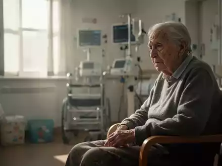 Ein erschöpft wirkender älterer Mensch sitzt allein in einem hellen Zimmer eines Pflegeheims. - Foto: über boerse-global.de