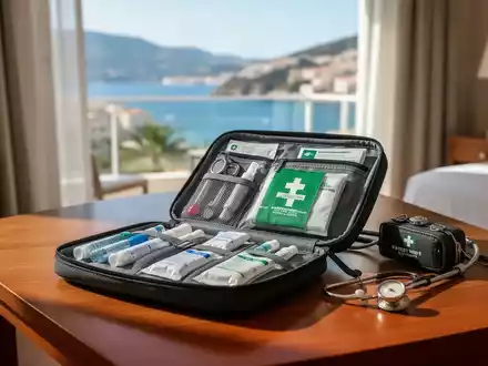 Geöffnete Reiseapotheke auf einem Holztisch in einem hellen Hotelzimmer mit Blick auf die Küste. - Foto: über boerse-global.de