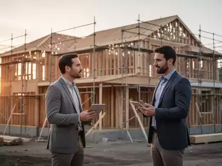 Eine Baustelle für ein Einfamilienhaus in der Abenddämmerung, auf der ein Finanzexperte die Fortschritte begutachtet. - Foto: über boerse-global.de