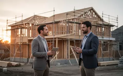 Eine Baustelle für ein Einfamilienhaus in der Abenddämmerung, auf der ein Finanzexperte die Fortschritte begutachtet. - Foto: über boerse-global.de