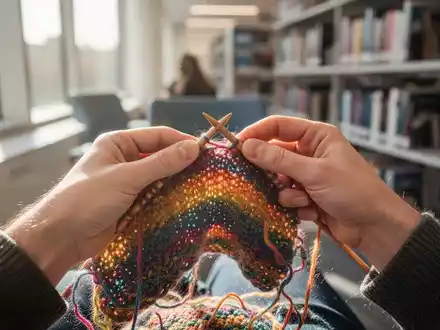 Hände beim Stricken mit bunter Wolle in einer hellen, modernen Bibliothek. - Foto: über boerse-global.de