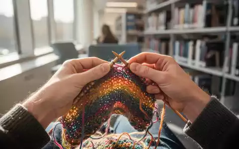 Hände beim Stricken mit bunter Wolle in einer hellen, modernen Bibliothek. - Foto: über boerse-global.de