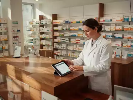 Ein Apotheker in einem weißen Kittel nutzt ein Tablet hinter dem Tresen einer modernen, gut sortierten deutschen Apotheke. - Foto: über boerse-global.de