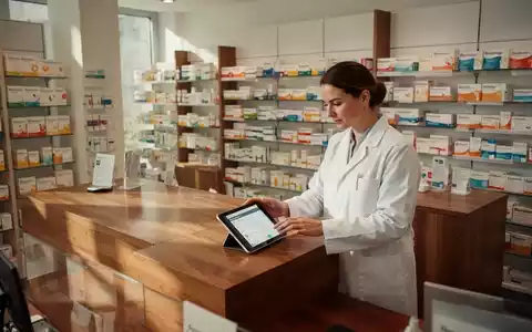 Ein Apotheker in einem weißen Kittel nutzt ein Tablet hinter dem Tresen einer modernen, gut sortierten deutschen Apotheke. - Foto: über boerse-global.de