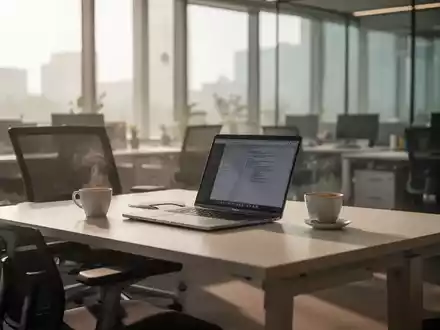 Ein moderner, sonnendurchfluteter Arbeitsplatz am frühen Morgen mit Laptop und Kaffeetasse in einer ruhigen Büroumgebung. - Foto: über boerse-global.de