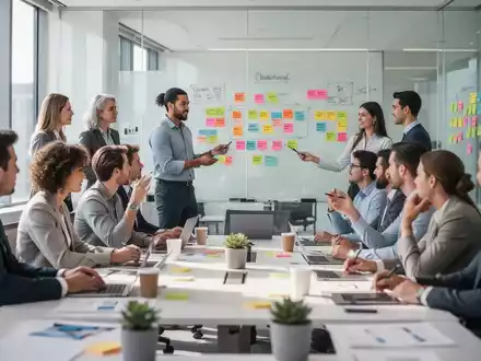 Ein Team in einem hellen, modernen Konferenzraum bei einem Projektmanagement-Workshop mit Whiteboard und Haftnotizen. - Foto: über boerse-global.de