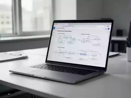 Ein moderner Büroarbeitsplatz mit einem Laptop, auf dem digitale Verwaltungsprozesse in einem Webbrowser zu sehen sind. - Foto: über boerse-global.de