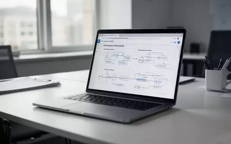 Ein moderner Büroarbeitsplatz mit einem Laptop, auf dem digitale Verwaltungsprozesse in einem Webbrowser zu sehen sind. - Foto: über boerse-global.de