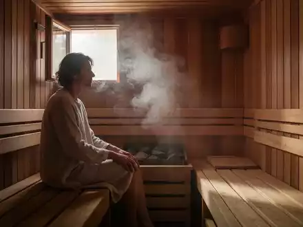 Eine Person sitzt entspannt in einer traditionellen finnischen Holzsauna bei gedämpftem Licht. - Foto: über boerse-global.de