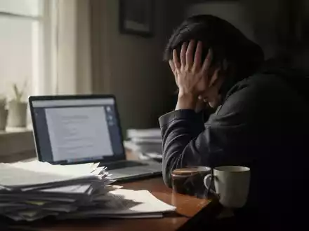 Erschöpfte Person an einem Schreibtisch vor einem Laptop in einer ruhigen, privaten Arbeitsumgebung. - Foto: über boerse-global.de