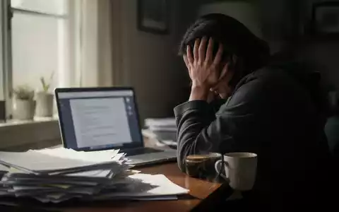 Erschöpfte Person an einem Schreibtisch vor einem Laptop in einer ruhigen, privaten Arbeitsumgebung. - Foto: über boerse-global.de