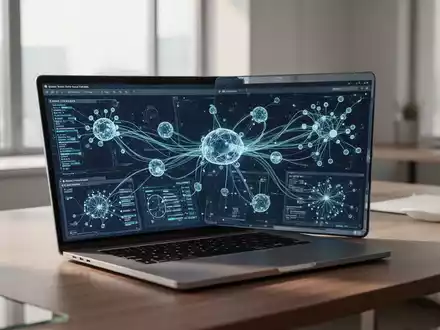 Ein moderner, aufgeräumter Büroarbeitsplatz mit einem Laptop, auf dem abstrakte Datenvisualisierungen zu sehen sind. - Foto: über boerse-global.de