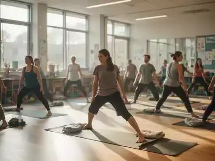 Menschen bei einer Yoga-Übung in einem hellen, modernen Kursraum eines Bildungszentrums. - Foto: über boerse-global.de