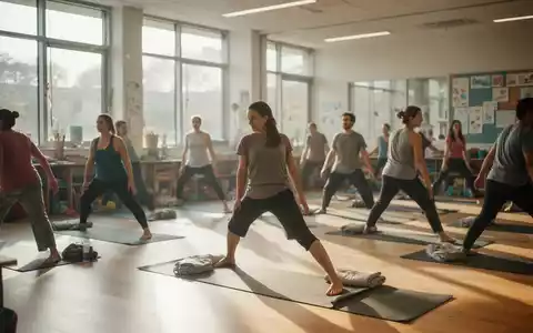Menschen bei einer Yoga-Übung in einem hellen, modernen Kursraum eines Bildungszentrums. - Foto: über boerse-global.de