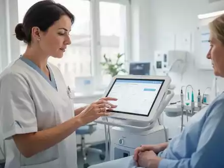 Eine medizinische Fachkraft nutzt ein Tablet in einem modernen Krankenhauszimmer bei natürlichem Tageslicht. - Foto: über boerse-global.de