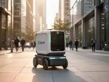 Ein autonomer Lieferroboter fährt über einen Gehweg in einer modernen Stadt bei Sonnenuntergang. - Foto: über boerse-global.de