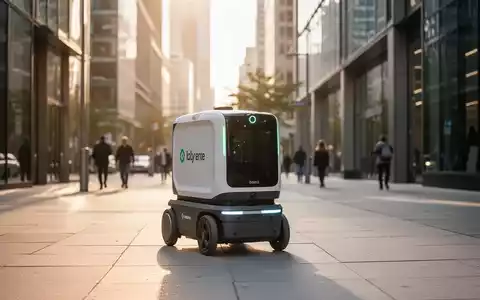 Ein autonomer Lieferroboter fährt über einen Gehweg in einer modernen Stadt bei Sonnenuntergang. - Foto: über boerse-global.de