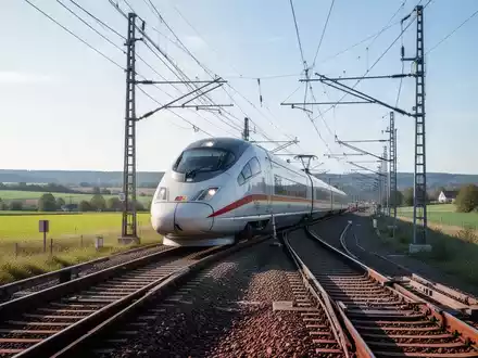 Ein moderner ICE-Zug auf einer sanierten Bahnstrecke in einer ländlichen Landschaft bei Tageslicht. - Foto: über boerse-global.de