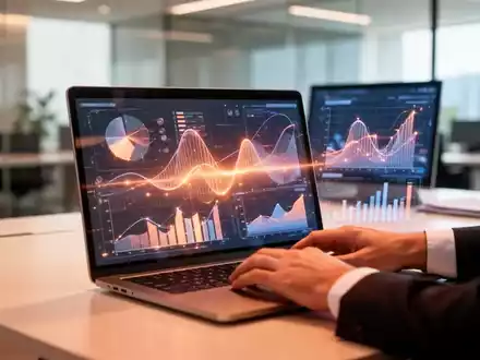 Ein professioneller Arbeitsplatz mit einem Laptop, auf dem abstrakte Datenvisualisierungen in einem modernen Büro zu sehen sind. - Foto: über boerse-global.de