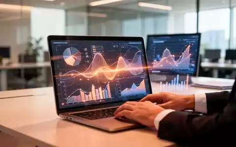 Ein professioneller Arbeitsplatz mit einem Laptop, auf dem abstrakte Datenvisualisierungen in einem modernen Büro zu sehen sind. - Foto: über boerse-global.de
