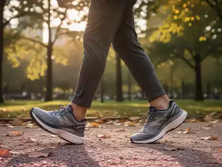 Eine Person in Sportkleidung geht zügig auf einem Kiesweg in einem sonnendurchfluteten Park spazieren. - Foto: über boerse-global.de