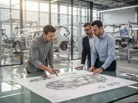 Zwei Ingenieure besprechen technische Entwürfe in einem modernen Entwicklungsbüro vor einer Automobil-Werkstatt. - Foto: über boerse-global.de
