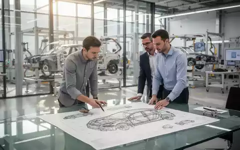 Zwei Ingenieure besprechen technische Entwürfe in einem modernen Entwicklungsbüro vor einer Automobil-Werkstatt. - Foto: über boerse-global.de
