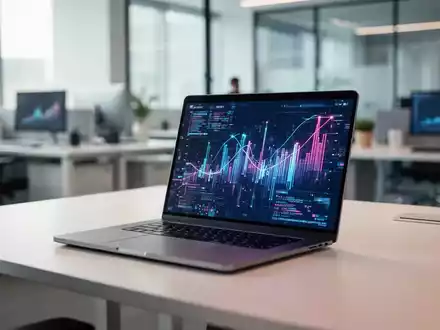 Moderner Arbeitsplatz mit einem Laptop, auf dem abstrakte digitale Finanzdaten zu sehen sind. - Foto: über boerse-global.de