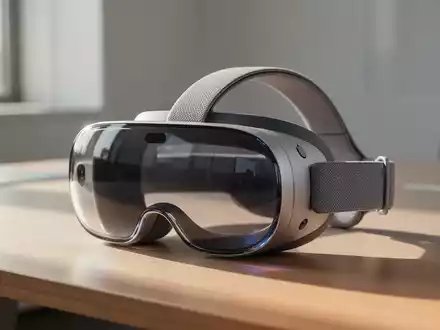 Ein Apple Vision Pro Headset auf einem minimalistischen Schreibtisch in einem modern beleuchteten Büro. - Foto: über boerse-global.de