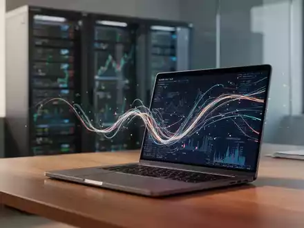 Ein moderner Büroarbeitsplatz mit einem Laptop, der abstrakte Datenströme anzeigt, vor einem verschwommenen Serverraum. - Foto: über boerse-global.de