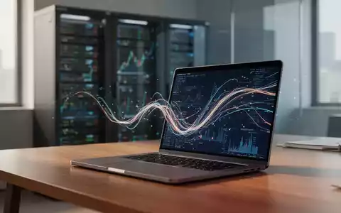 Ein moderner Büroarbeitsplatz mit einem Laptop, der abstrakte Datenströme anzeigt, vor einem verschwommenen Serverraum. - Foto: über boerse-global.de