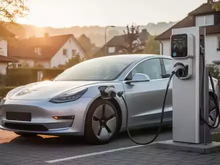 Ein modernes Elektroauto an einer Ladestation in einer deutschen Vorstadt bei Sonnenuntergang. - Foto: über boerse-global.de