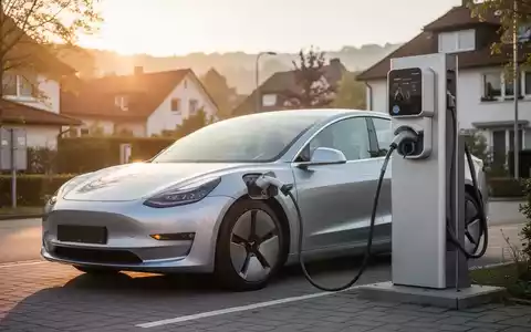 Ein modernes Elektroauto an einer Ladestation in einer deutschen Vorstadt bei Sonnenuntergang. - Foto: über boerse-global.de