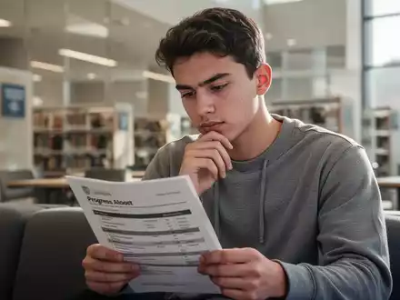 Eine konzentrierte Studentin in einer modernen Bibliothek, die einen ausgedruckten Fortschrittsbericht liest. - Foto: über boerse-global.de