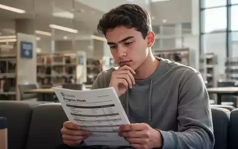 Eine konzentrierte Studentin in einer modernen Bibliothek, die einen ausgedruckten Fortschrittsbericht liest. - Foto: über boerse-global.de