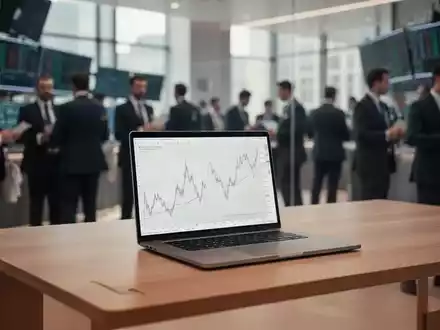 Ein modern eingerichteter Arbeitsplatz eines Finanzexperten mit Blick auf einen verschwommenen Börsenhandelssaal. - Foto: ĂŒber boerse-global.de